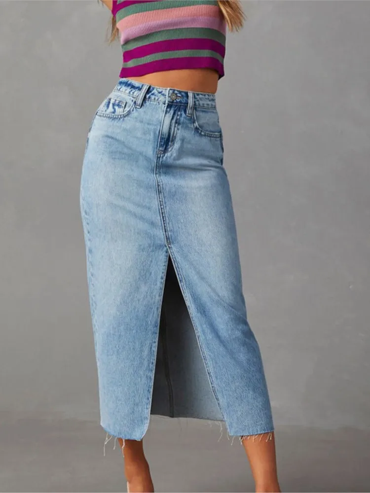 New High Waist Split Denim Skirt For Women Vintage Mid-Length A-Line Skirts Pure Color Casual Summer Fashion Ladies Skirts
New High Waist Split Denim Skirt For Women Vintage Mid-Length A-Line Skirts Pure Color Casual Summer Fashion Ladies Skirts