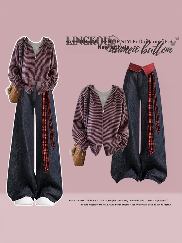 plus Size Autumn Winter College Style Set Women's Anti-Aging Striped Jacket Base Shirt Casual Slimming Jeans Three Piece Set
plus Size Autumn Winter College Style Set Women's Anti-Aging Striped Jacket Base Shirt Casual Slimming Jeans Three Piece Set