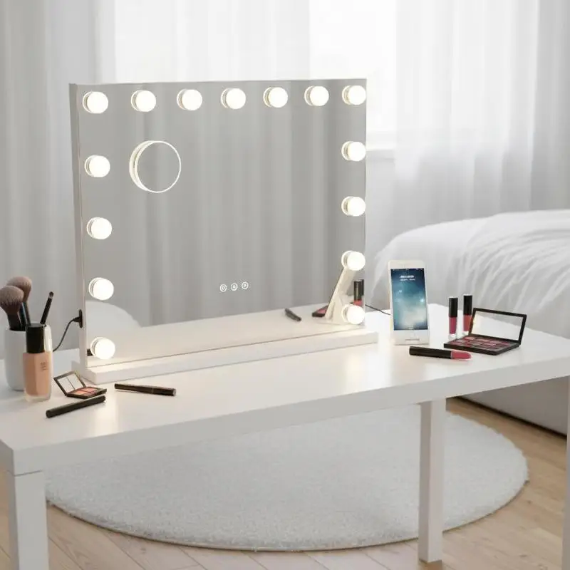 Lighted Makeup Reflector 22.8x18.1 in For Bedroom Dressing Table Studio, 15 Dimmable Bulbs 3 Color Lighting Modes Smart Touch Control USB Port Detachable 5X Magnification Desktop Wall-mount White Finish
Lighted Makeup Reflector 22.8x18.1 in For Bedroom Dressing Table Studio, 15 Dimmable Bulbs 3 Color Lighting Modes Smart Touch Control USB Port Detachable 5X Magnification Desktop Wall-mount White Finish