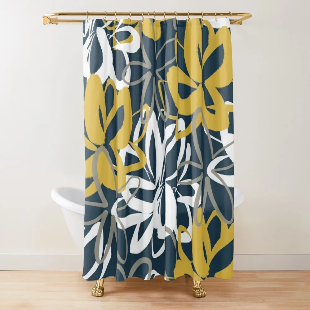 Lotus Garden Painted Floral Pattern in Light Mustard, Gray, and White on Navy Blue Shower Curtain
Lotus Garden Painted Floral Pattern in Light Mustard, Gray, and White on Navy Blue Shower Curtain