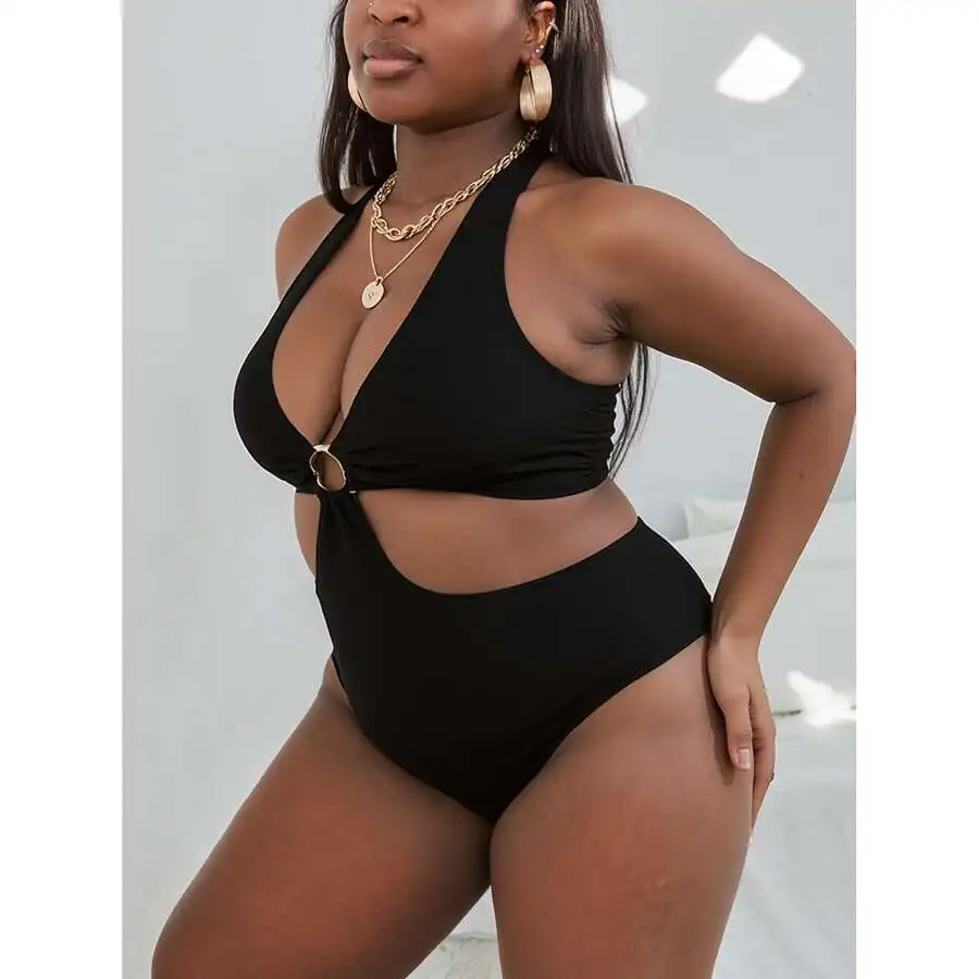 Plus Size Women Halter O-Ring Cutout Swimsuit With Tummy Control Black
Plus Size Women Halter O-Ring Cutout Swimsuit With Tummy Control Black