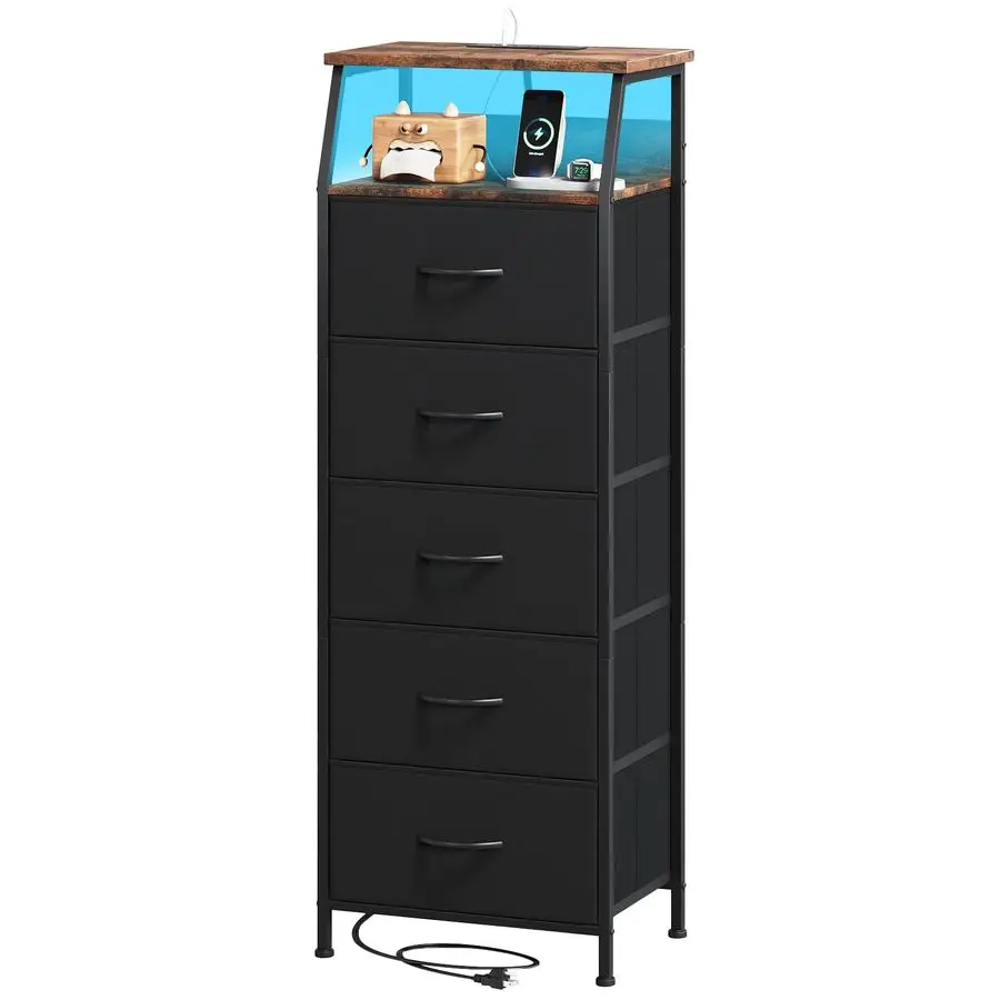 Black Nightstand with Charging Station and LED Light for Bedroom, Tall 5 Drawers Dresser with Fabric Bins for Bedside Kids Dorm
Black Nightstand with Charging Station and LED Light for Bedroom, Tall 5 Drawers Dresser with Fabric Bins for Bedside Kids Dorm