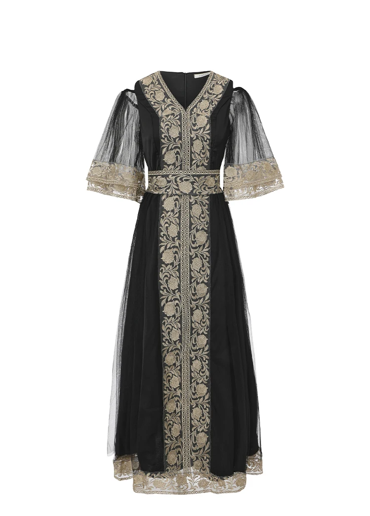Elegant V-Neck Off-Shoulder Long Dress for Women Summer Fashion Embroidery Mesh Patchwork Bat Sleeve Female Clothing
Elegant V-Neck Off-Shoulder Long Dress for Women Summer Fashion Embroidery Mesh Patchwork Bat Sleeve Female Clothing