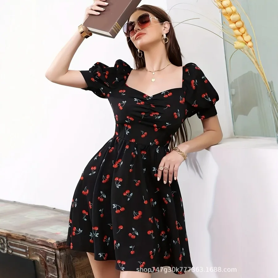 【New style】- European and American style cherry print waist to show slimming V-neck bubble sleeves A-line dress summer new shor
【New style】- European and American style cherry print waist to show slimming V-neck bubble sleeves A-line dress summer new shor