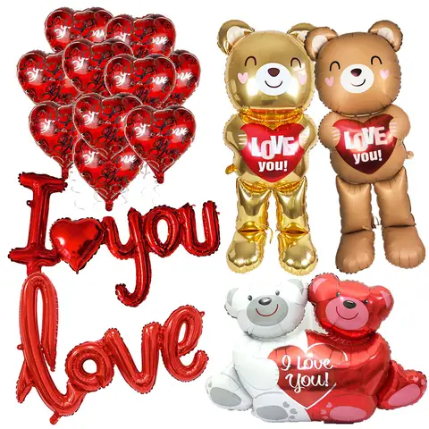 Valentines Love Bear Foil Balloon Standing Bear Balloons I Love You Heart Valentine'S Day Wedding Party Decorations Balloons
