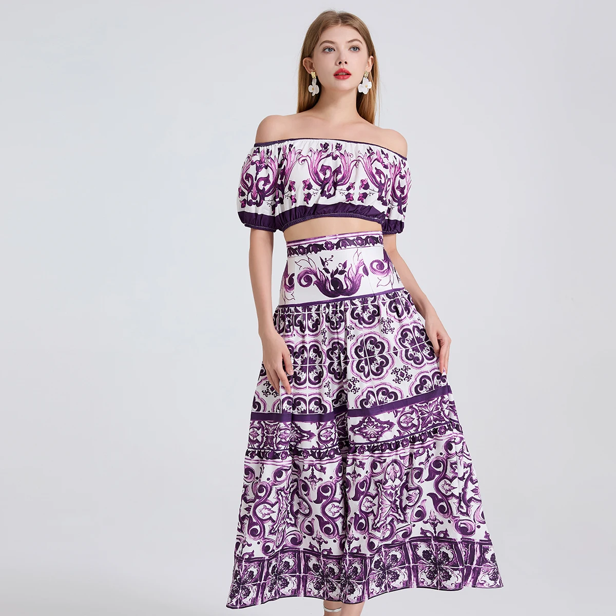 Summer Y2k Sexy Purple Blue And White Porcelain Two Piece Set Women's O-Neck Short Sleeve Crop Tops + Maxi Long Skirt Suit
Summer Y2k Sexy Purple Blue And White Porcelain Two Piece Set Women's O-Neck Short Sleeve Crop Tops + Maxi Long Skirt Suit