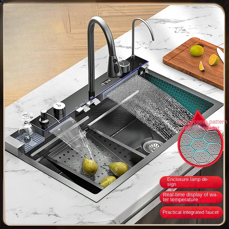 Integrated Waterfall Kitchen Sink Honeycomb Technology Large Digitial Display Stainless Steel Soap Dispenser Cup Washer
Integrated Waterfall Kitchen Sink Honeycomb Technology Large Digitial Display Stainless Steel Soap Dispenser Cup Washer