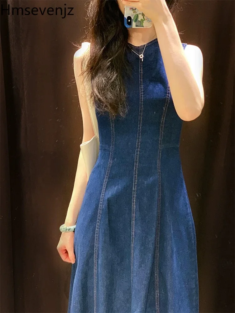 Hmsevenjz Casual Denim Dress Women's Summer O-neck Slim Fit Sleeveless A-line Long Dress Fashion Female Clothes
Hmsevenjz Casual Denim Dress Women's Summer O-neck Slim Fit Sleeveless A-line Long Dress Fashion Female Clothes