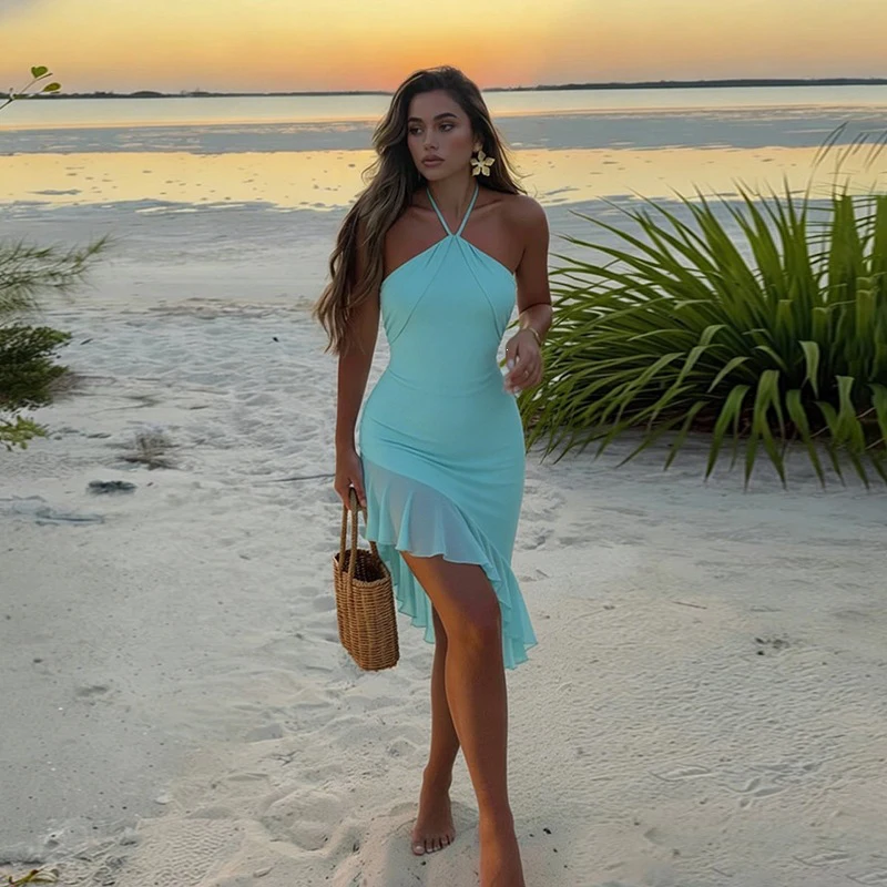 Holiday Style Pleated Asymmetrical Halter Dress Women Sexy Ruffles Lace-Up High Waist Dress Summer Beach Slim Blue Dress Casual
Holiday Style Pleated Asymmetrical Halter Dress Women Sexy Ruffles Lace-Up High Waist Dress Summer Beach Slim Blue Dress Casual