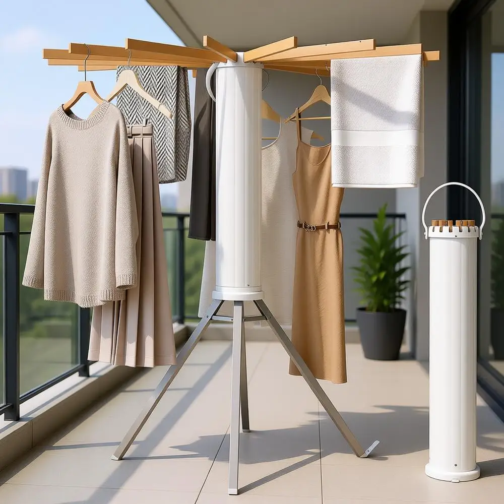 Collapsible Tripod Clothes Drying Rack with 16 Wooden Bars, Suitable for Indoor and Outdoor Use in Apartments, RVs, Balconies, a
Collapsible Tripod Clothes Drying Rack with 16 Wooden Bars, Suitable for Indoor and Outdoor Use in Apartments, RVs, Balconies, a