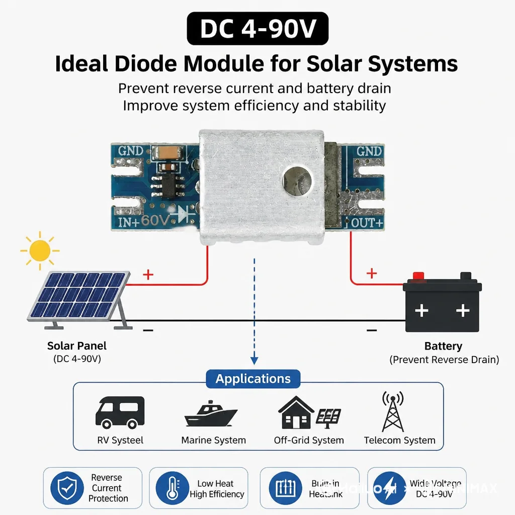 70A/50A/20A high-current ideal diode module DC 4-90V/60V Anti-Reverse Flow for Solar Charging & Battery Backup Systems
70A/50A/20A high-current ideal diode module DC 4-90V/60V Anti-Reverse Flow for Solar Charging & Battery Backup Systems