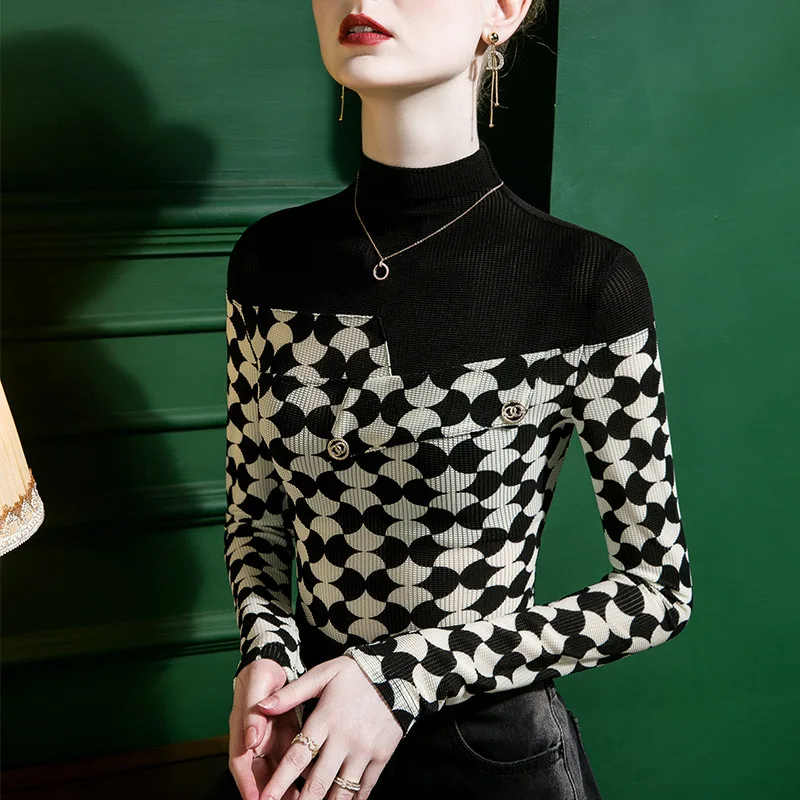 Semi-turtleneck Design Sense Printed Splicing Bottoming Shirt Women's Button Slim Fit 2025 Autumn And Winter Plaid Style Shirt
Semi-turtleneck Design Sense Printed Splicing Bottoming Shirt Women's Button Slim Fit 2025 Autumn And Winter Plaid Style Shirt