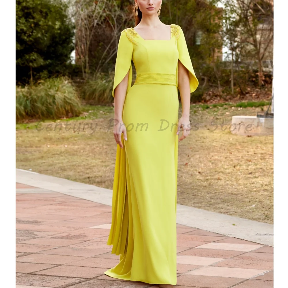 Yellow Square Neck Formal Evening Dress Cape Sleeve Beaded Waist Ruched Satin Sheath Maxi Gown With Side Slit Draped Train
Yellow Square Neck Formal Evening Dress Cape Sleeve Beaded Waist Ruched Satin Sheath Maxi Gown With Side Slit Draped Train