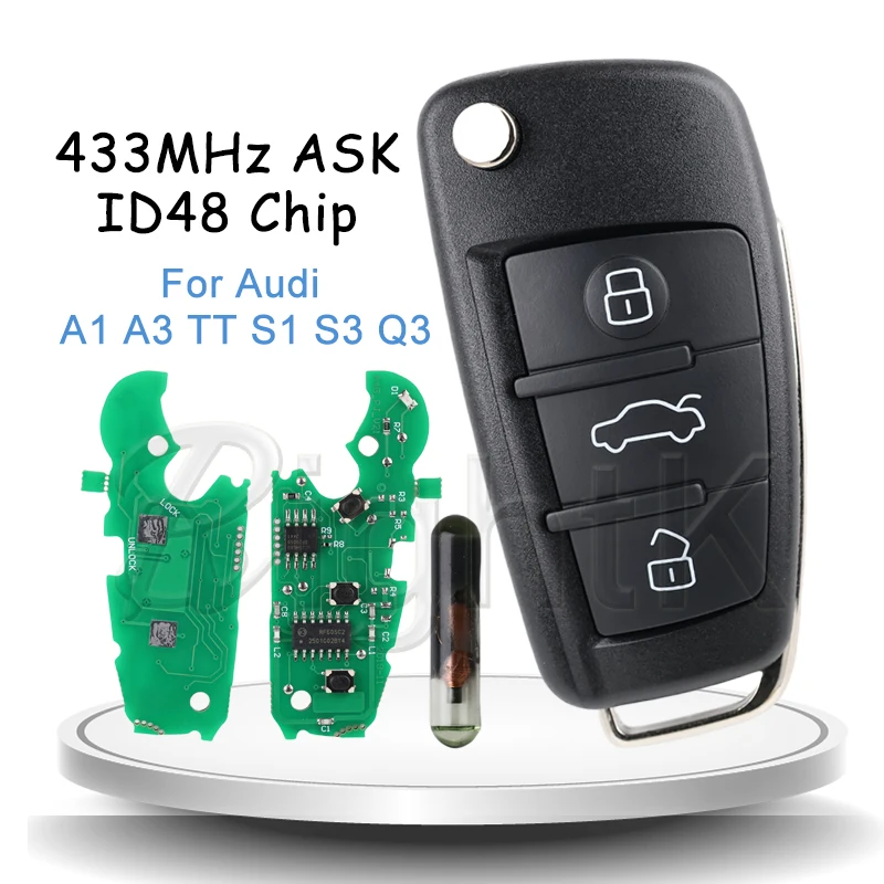 Car Remote Key Fob For Audi A1 A3 TT S1 S3 Q3 2005+ 8P0837220 D/Q/K 433Mhz ASK ID48 Chip 3 Buttons Auto Smart Flip Key HU66 Blad
Car Remote Key Fob For Audi A1 A3 TT S1 S3 Q3 2005+ 8P0837220 D/Q/K 433Mhz ASK ID48 Chip 3 Buttons Auto Smart Flip Key HU66 Blad