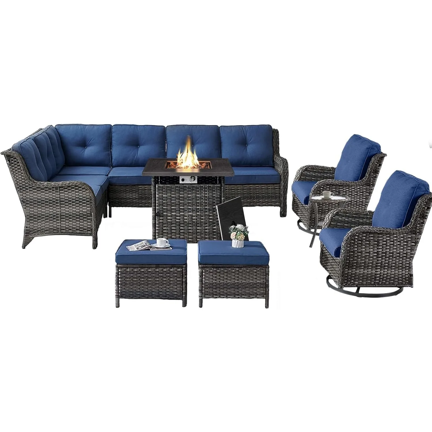Outdoor Sectional Furniture Sofa Set w/ Propane Fire Pit Table, Wicker Patio Set with 2 Swivel Rocker Glider Chairs Blue Cushion
Outdoor Sectional Furniture Sofa Set w/ Propane Fire Pit Table, Wicker Patio Set with 2 Swivel Rocker Glider Chairs Blue Cushion