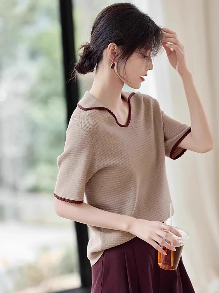 Loose Ice Silk Knitted ort Sve Pullover Collar T-irt Women's Summer New Sle Korean Retro Artistic Color Blo Top
Loose Ice Silk Knitted ort Sve Pullover Collar T-irt Women's Summer New Sle Korean Retro Artistic Color Blo Top