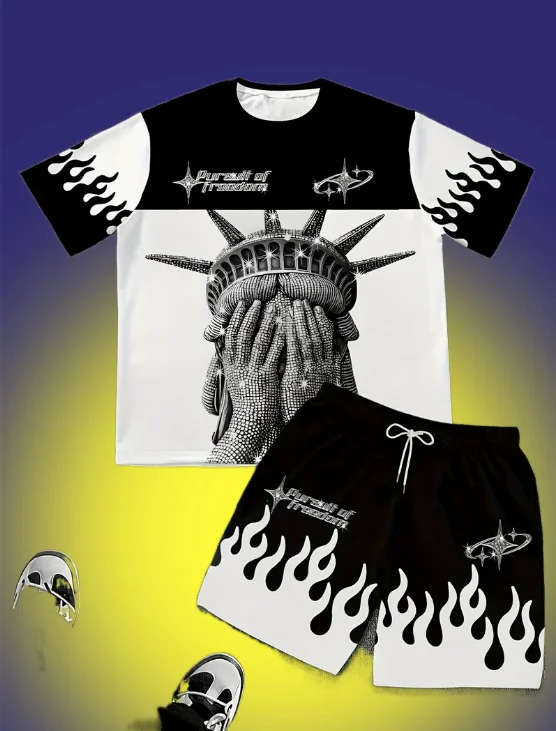 25/26 New Summer Set Men's T-shirt Trendy American Street Printed Round Neck Men's Set Trendy Handsome Sports Two Piece Set
25/26 New Summer Set Men's T-shirt Trendy American Street Printed Round Neck Men's Set Trendy Handsome Sports Two Piece Set