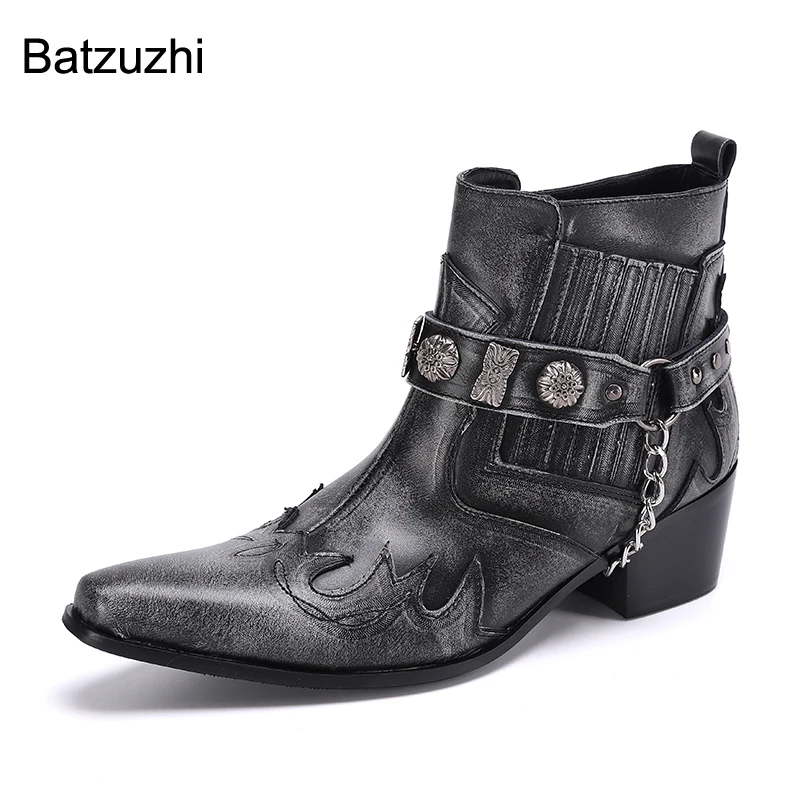 Batzuzhi Western Cowboy Handmade Men's Boots Pointed Toe Dark Grey Genuine Leather Ankle Boots Men Chains Rock Motorcycle Boots
Batzuzhi Western Cowboy Handmade Men's Boots Pointed Toe Dark Grey Genuine Leather Ankle Boots Men Chains Rock Motorcycle Boots