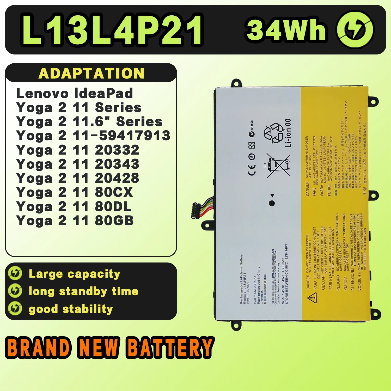 SAT Laptop Battery for Lenovo L13L4P21 L13M4P21 Ideapad Yoga 2 11(80CX59418525) 20332 2332 20428 Yoga 2 7.4V 34WH
SAT Laptop Battery for Lenovo L13L4P21 L13M4P21 Ideapad Yoga 2 11(80CX59418525) 20332 2332 20428 Yoga 2 7.4V 34WH