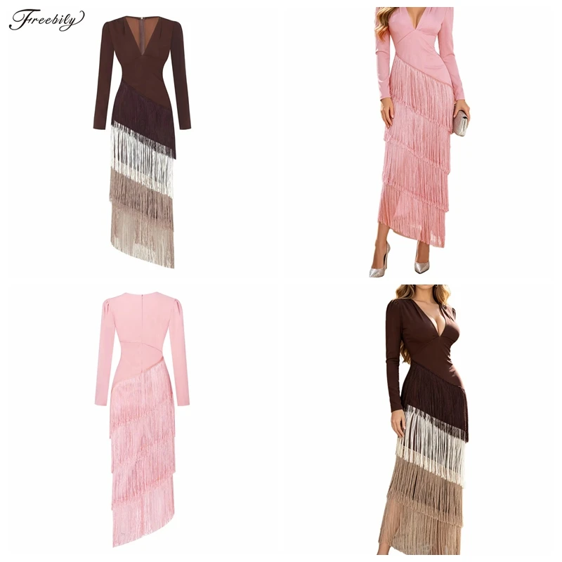 Women's Long Sleeve Party Gown Evening Cocktail Prom Dress Tiered Tassel Bodycon Dress Fashion Lady Deep V Neck Fringed Dresses
Women's Long Sleeve Party Gown Evening Cocktail Prom Dress Tiered Tassel Bodycon Dress Fashion Lady Deep V Neck Fringed Dresses