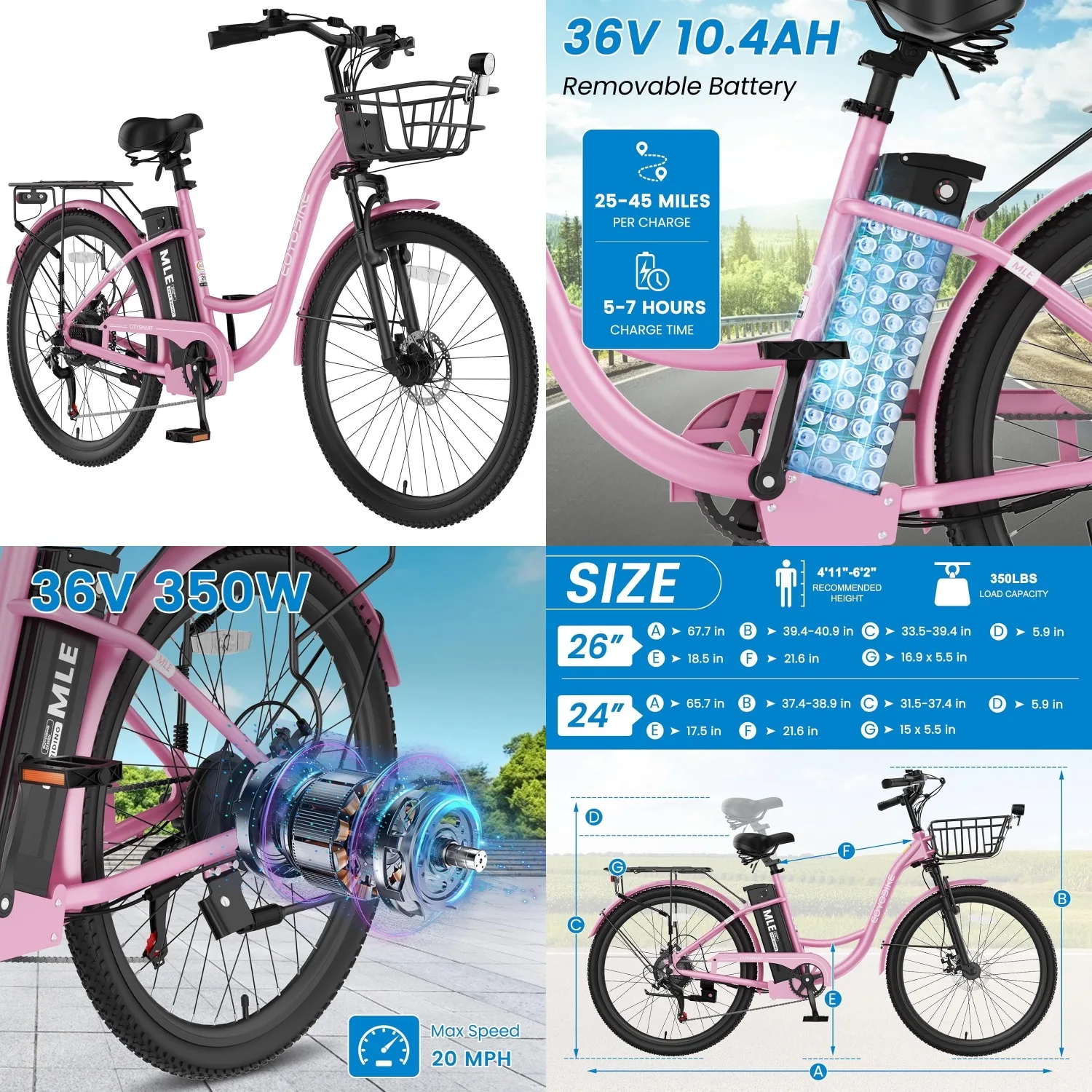 350W 20MPH 7-Speed Commuter Ebike, 36V 10.4Ah Battery, Aluminum Frame, Suspension, Dual Disc Brakes, Basket & Rack, Customized
350W 20MPH 7-Speed Commuter Ebike, 36V 10.4Ah Battery, Aluminum Frame, Suspension, Dual Disc Brakes, Basket & Rack, Customized