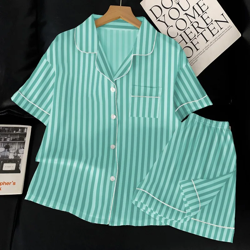 Striped Thin Pajamas Women Summer Short Sleeve Student Sleepwear Loungewear Ladies Cardigan Silk Imitation Simple Nightwear
Striped Thin Pajamas Women Summer Short Sleeve Student Sleepwear Loungewear Ladies Cardigan Silk Imitation Simple Nightwear