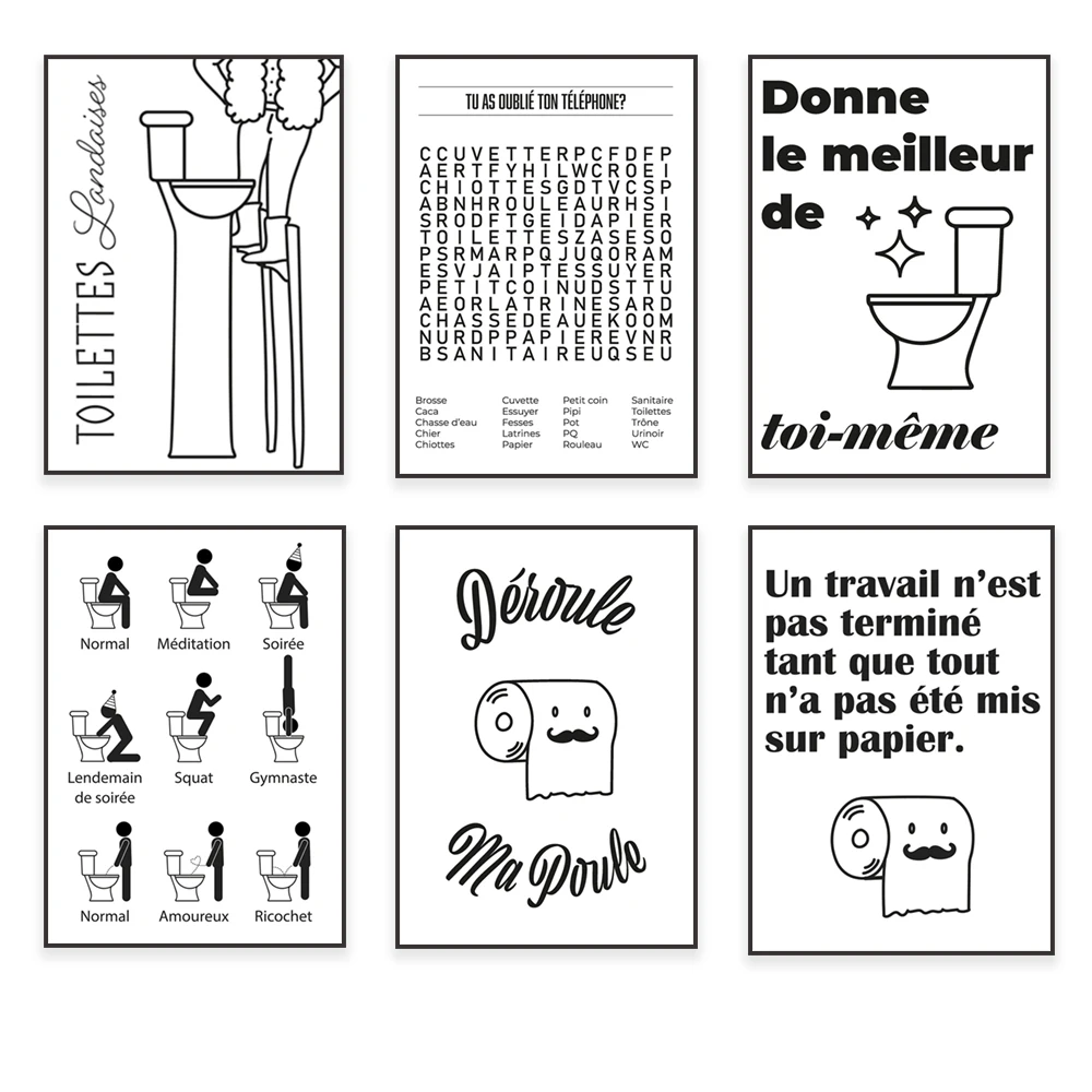 Toilet quotes, French commentary, urinal prints, WC humor posters, different ways to pee bathroom and toilet wall decor 
Toilet quotes, French commentary, urinal prints, WC humor posters, different ways to pee bathroom and toilet wall decor