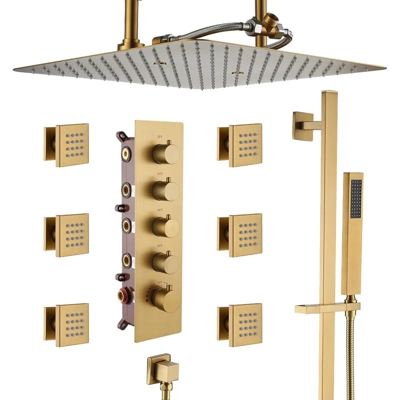 16 Inch Thermostatic Shower System in Brushed Gold, Ceiling Mounted Rain and Mist Shower Head with Handheld Spray and 6
16 Inch Thermostatic Shower System in Brushed Gold, Ceiling Mounted Rain and Mist Shower Head with Handheld Spray and 6