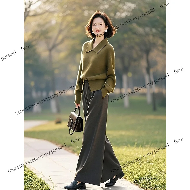 Темпераментная одежда, нишевый зеленый вязаный свитер, повседневный брючный костюм, женский ранний весенний костюм 
Темпераментная одежда, нишевый зеленый вязаный свитер, повседневный брючный костюм, женский ранний весенний костюм