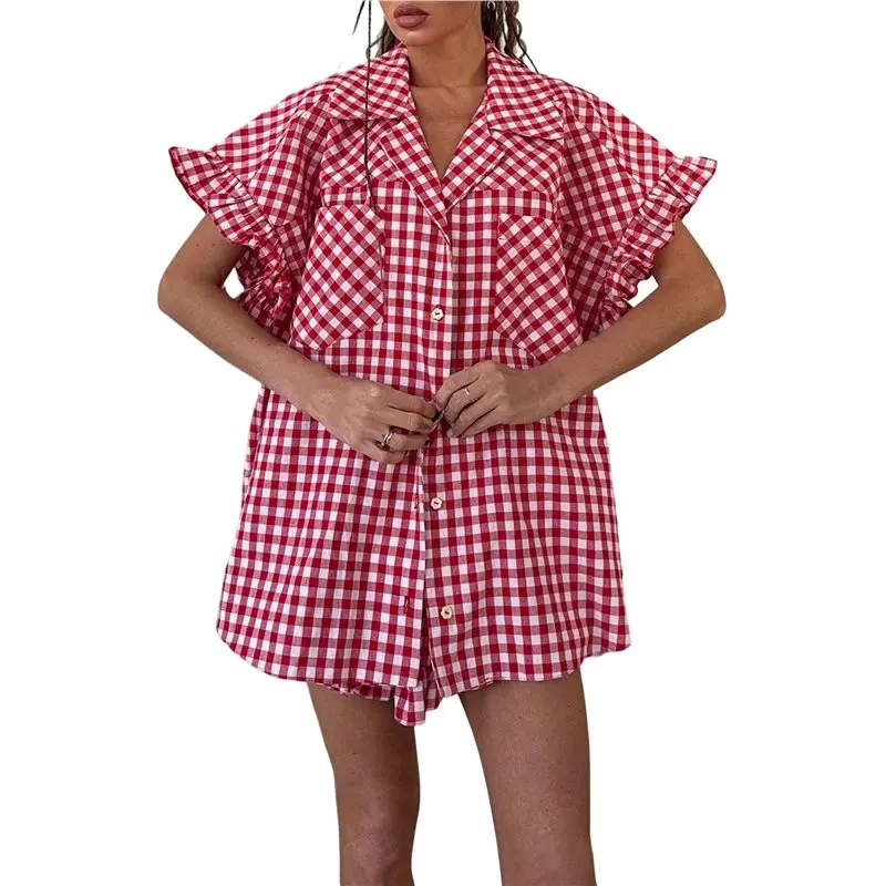 NEW-Women's Gingham Ruffle Sleeve Button Shirt And Shorts Two Piece Outfit
NEW-Women's Gingham Ruffle Sleeve Button Shirt And Shorts Two Piece Outfit