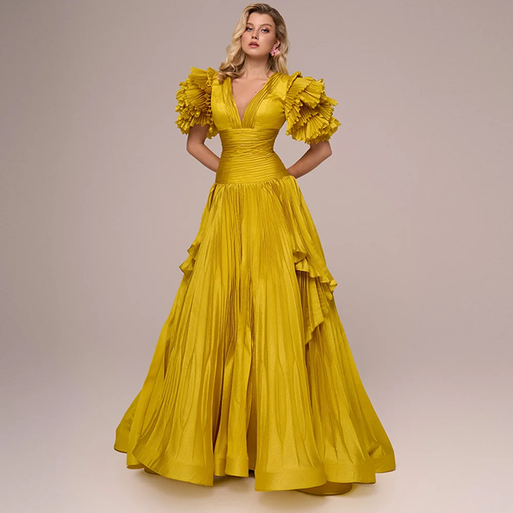 Customized A-Line Graceful V-Neck Evening Dress Temperament Short Sleeves Celebrity Gowns Floor Length Pleats Party Dress
Customized A-Line Graceful V-Neck Evening Dress Temperament Short Sleeves Celebrity Gowns Floor Length Pleats Party Dress