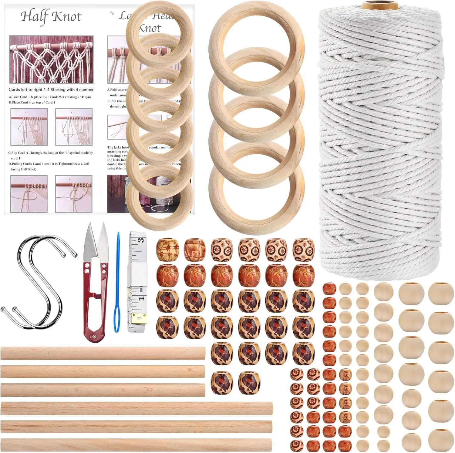121Pcs Macrame Kit with 3mm Cord, Beads, Wooden Rings for DIY Plant Hangers and Wall Decor
121Pcs Macrame Kit with 3mm Cord, Beads, Wooden Rings for DIY Plant Hangers and Wall Decor