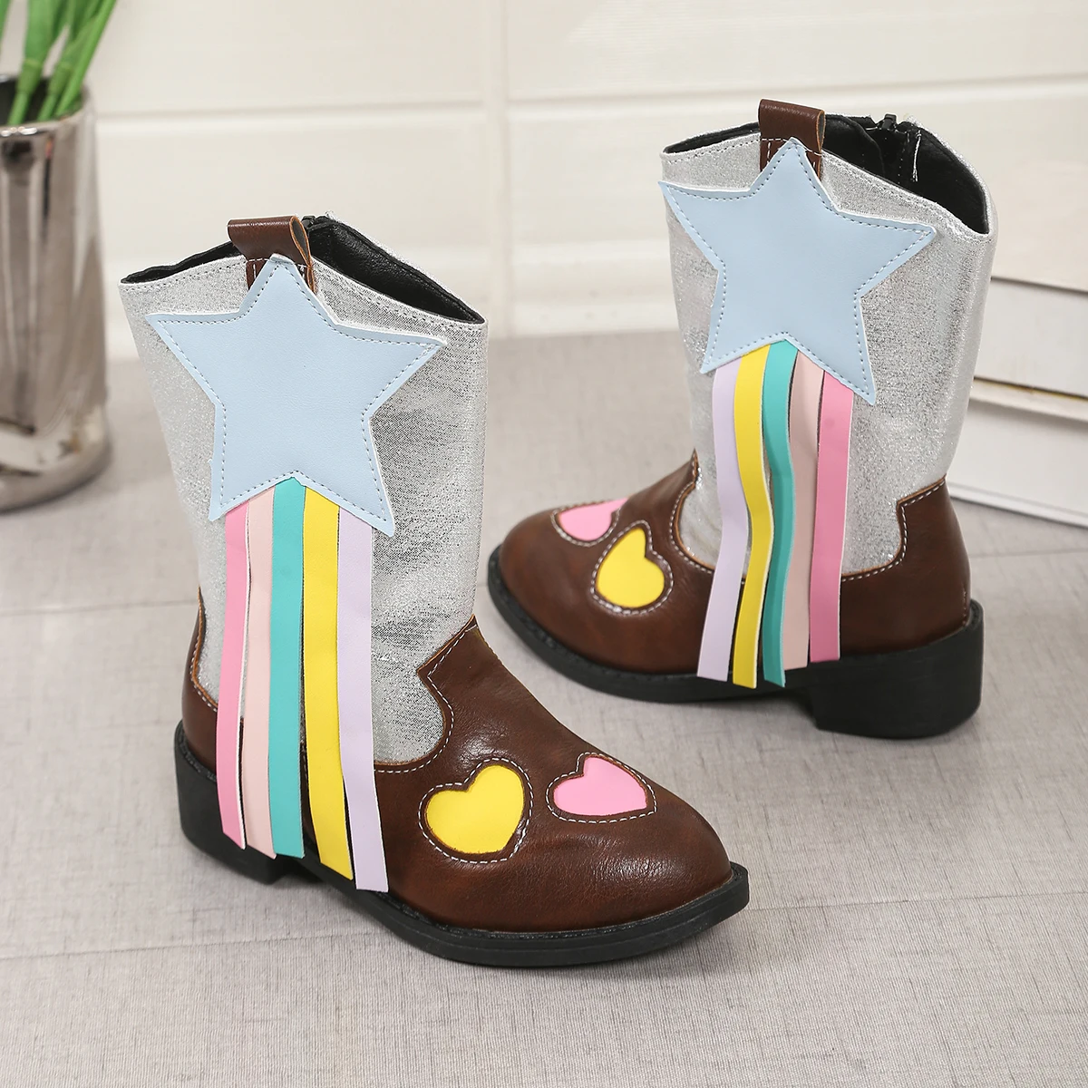 Girls Rainbow Tassel Star Cowboy Boots, Heart Patch Decor, Inner Side Zipper Low Block Heel Western Ankle Boots
Girls Rainbow Tassel Star Cowboy Boots, Heart Patch Decor, Inner Side Zipper Low Block Heel Western Ankle Boots