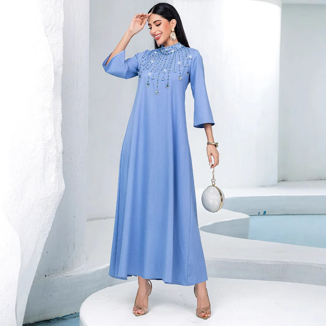 Blue semi-turtleneck hand-sewn glass diamond large size dress A-shaped skirt Middle East party dress temperament classic luxury
Blue semi-turtleneck hand-sewn glass diamond large size dress A-shaped skirt Middle East party dress temperament classic luxury
