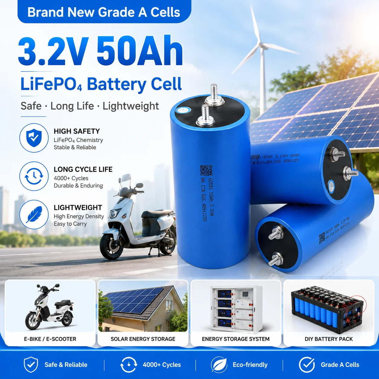 Grade A 3.2V 50Ah 50000mah LiFePo4 battery 60140 12V 24V 48v 5C discharge capability for motorcycles flashlight refrigerator
Grade A 3.2V 50Ah 50000mah LiFePo4 battery 60140 12V 24V 48v 5C discharge capability for motorcycles flashlight refrigerator