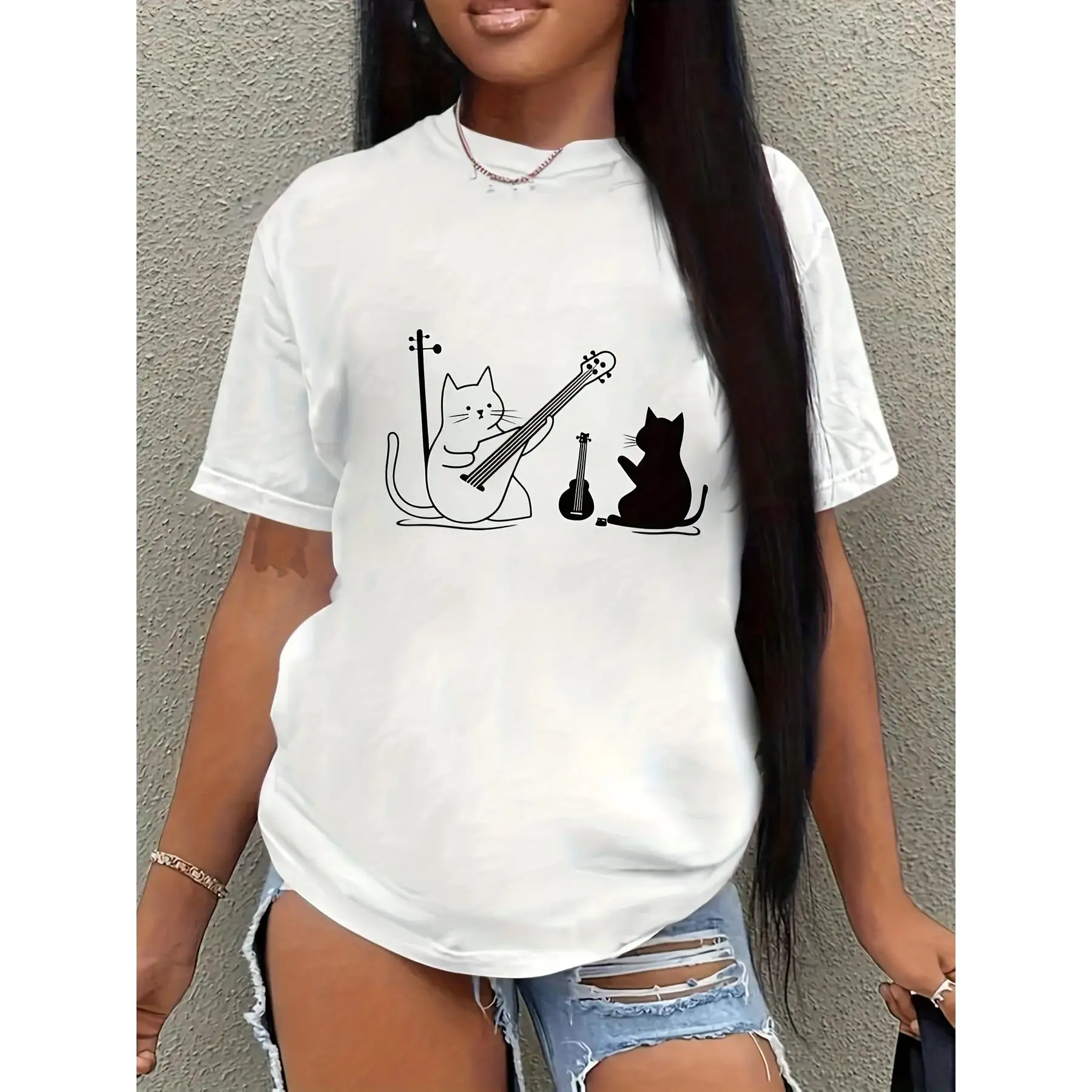 Women's Loose Fit Round-Neck T-Shirt - Breathable Cat Duo Playing Guitar & Violin Graphic, Machine Washable Casual Tee For Inter
Women's Loose Fit Round-Neck T-Shirt - Breathable Cat Duo Playing Guitar & Violin Graphic, Machine Washable Casual Tee For Inter
