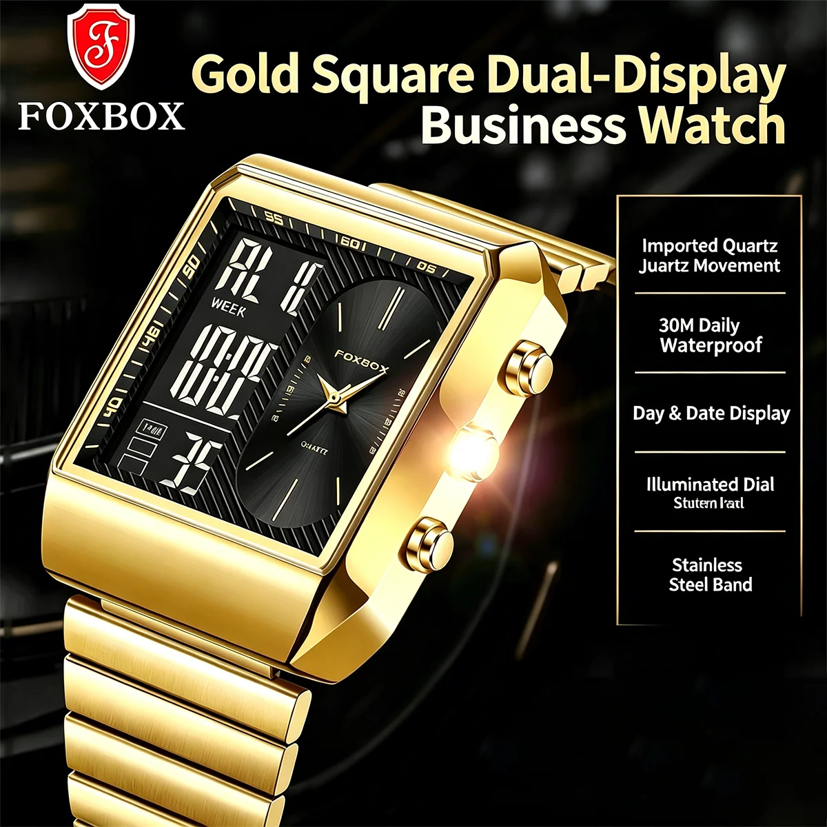 FOXBOX New Luxury Men's Watches Dual Display Stainless Steel Luminous Quartz Watch Waterproof Chronograph Business Digital Watch
FOXBOX New Luxury Men's Watches Dual Display Stainless Steel Luminous Quartz Watch Waterproof Chronograph Business Digital Watch