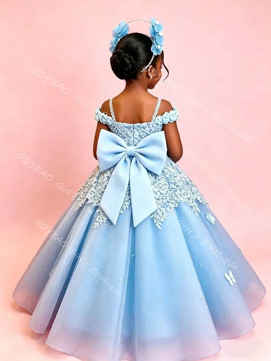 Blue Flower Girl Dress for Wedding Toddlers Spaghetti Straps 3D Lace Appliqued Tulle Princess Pageant Dress with Bow Custom Robe
Blue Flower Girl Dress for Wedding Toddlers Spaghetti Straps 3D Lace Appliqued Tulle Princess Pageant Dress with Bow Custom Robe