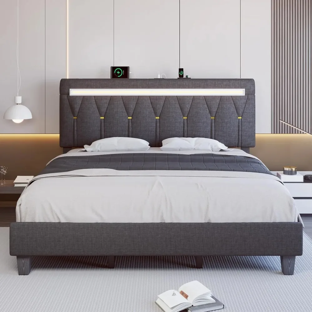 King Size Bed Frame with LED Lights and Adjustable Headboard, Upholstered Platform Bed with Charging, No Box Spring Needed
King Size Bed Frame with LED Lights and Adjustable Headboard, Upholstered Platform Bed with Charging, No Box Spring Needed