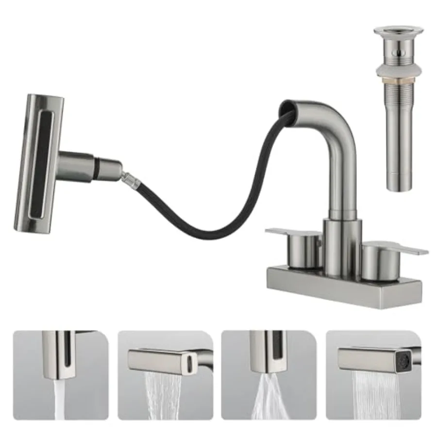 Bathroom Sink Faucet with Pull Down Sprayer 3 Holes, Brushed Nickel 4 inch 2 Handles Centerset Laundry Bar Basin Pull Out Fauce
Bathroom Sink Faucet with Pull Down Sprayer 3 Holes, Brushed Nickel 4 inch 2 Handles Centerset Laundry Bar Basin Pull Out Fauce