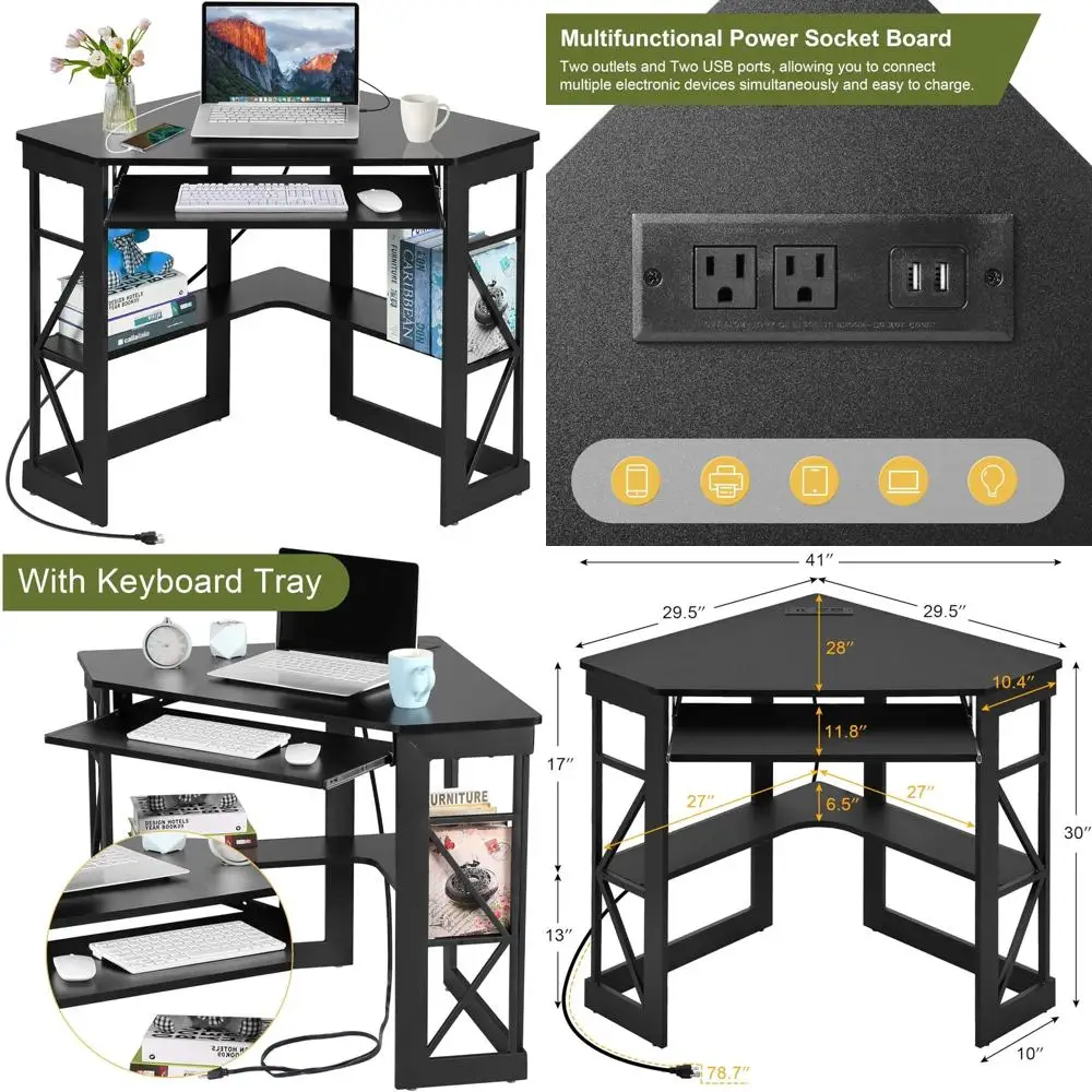 Corner Computer Desk 41x30 inches for Small Spaces with Charging Station, Keyboard Tray, and Storage Shelves
Corner Computer Desk 41x30 inches for Small Spaces with Charging Station, Keyboard Tray, and Storage Shelves