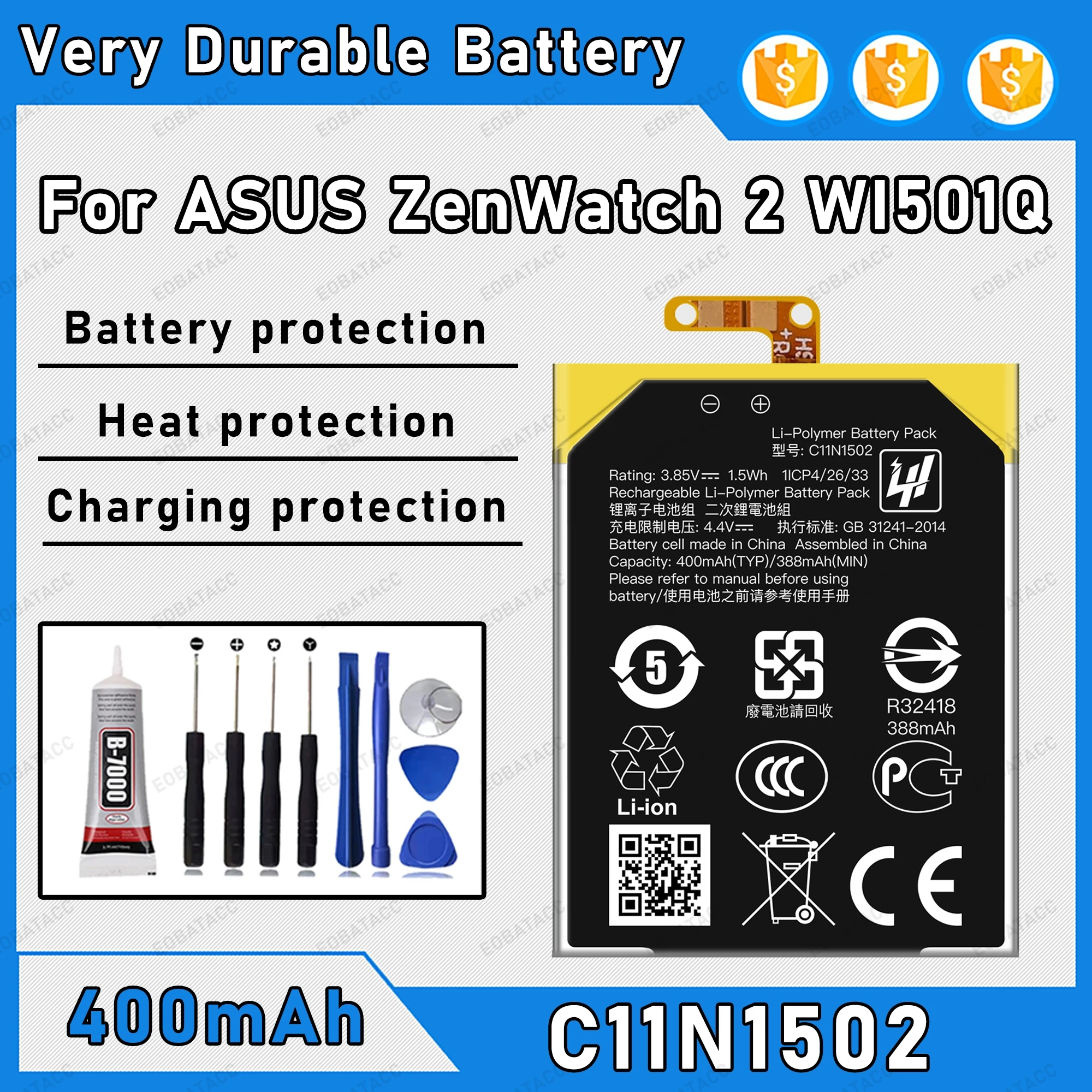 400mAh 100% New C11N1502 Battery For ASUS ZenWatch 2 WI501Q Replacement Bateria+Free Tools
400mAh 100% New C11N1502 Battery For ASUS ZenWatch 2 WI501Q Replacement Bateria+Free Tools