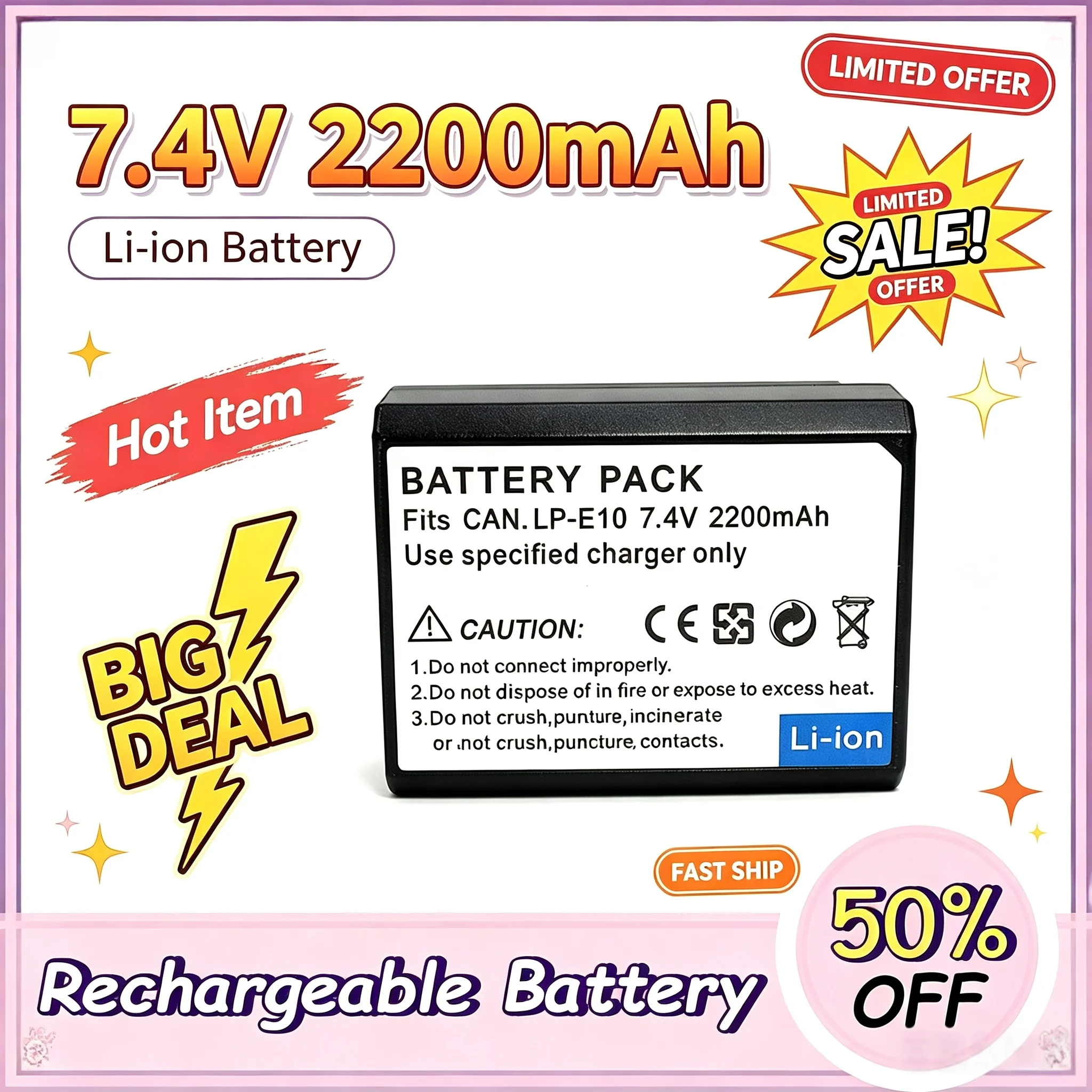 7.4V 2200mAh LP-E10 battery compatible with Canon 1100D, 1200D, 1300D, 1500D, 3000D camera batteries
7.4V 2200mAh LP-E10 battery compatible with Canon 1100D, 1200D, 1300D, 1500D, 3000D camera batteries