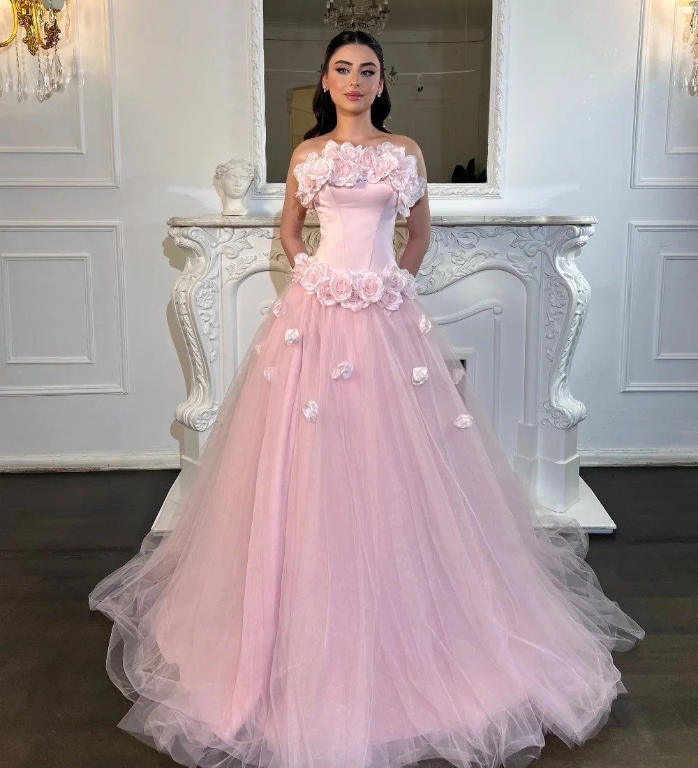 Customized Pink Pastrol Exquisite Tulle Handmade Flower Pleat Ruched A-line Strapless Floor-Length Evening Dresses for Woman
Customized Pink Pastrol Exquisite Tulle Handmade Flower Pleat Ruched A-line Strapless Floor-Length Evening Dresses for Woman