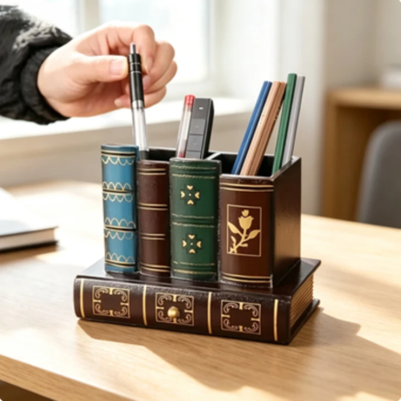 Vintage Book Shaped Wooden Pen Holder Multifunctional Retro Desktop Organizer Decor for Home Office Stationery Storage
Vintage Book Shaped Wooden Pen Holder Multifunctional Retro Desktop Organizer Decor for Home Office Stationery Storage