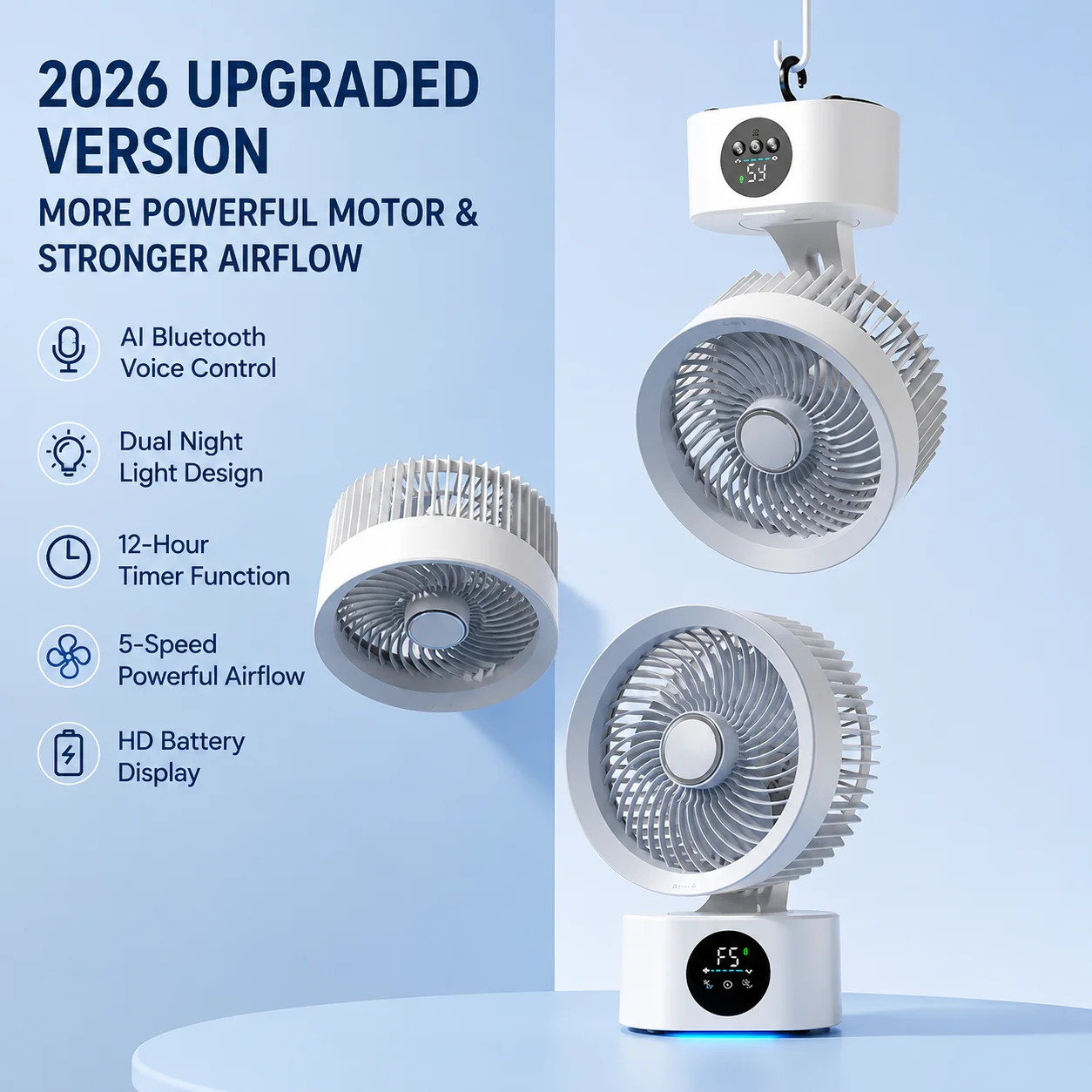 2026 New Mini Air Circulation Fan Rechargeable AI Voice Control 5 Speed Oscillating Desktop Wall Mount Hanging Fan LED Display
2026 New Mini Air Circulation Fan Rechargeable AI Voice Control 5 Speed Oscillating Desktop Wall Mount Hanging Fan LED Display