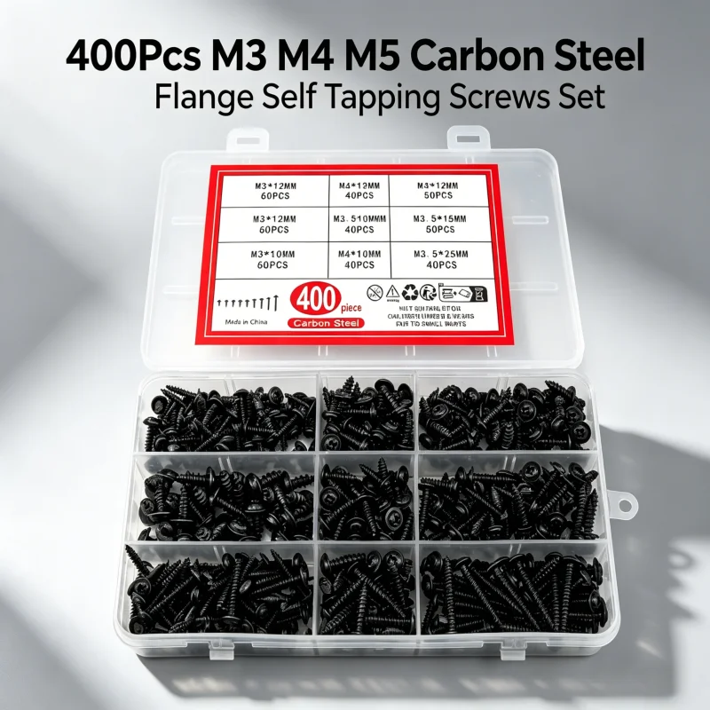 400Pcs Carbon Steel Flange Self Tapping Screws Set M3 M4 M5 Phillips Head Assorted Fasteners Hardware Repair Accessory Kit
400Pcs Carbon Steel Flange Self Tapping Screws Set M3 M4 M5 Phillips Head Assorted Fasteners Hardware Repair Accessory Kit