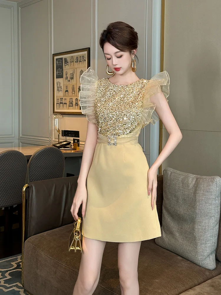 Coigarsam Women's Summer Dress New Solid Short Sleeve Flying Sleeve Zipper High Waist O-Neck Sequins Yellow Dresses
Coigarsam Women's Summer Dress New Solid Short Sleeve Flying Sleeve Zipper High Waist O-Neck Sequins Yellow Dresses