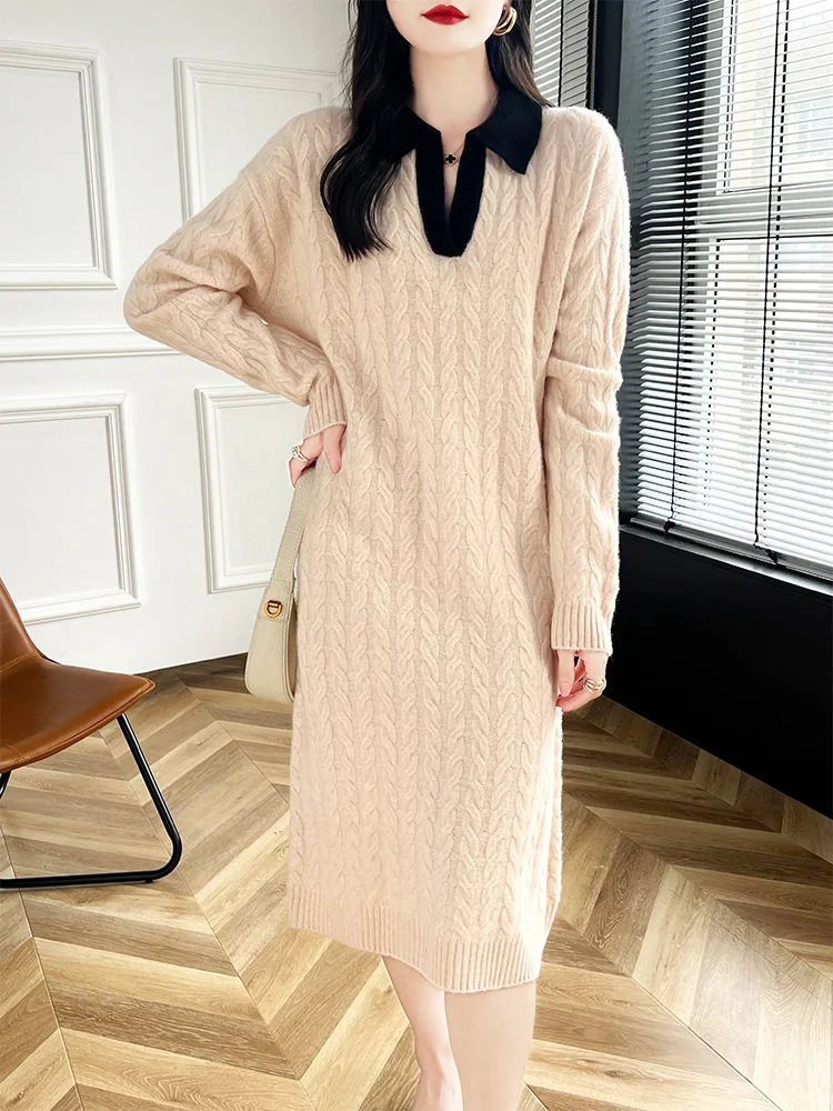 Women's Wool Sweater Dress Twist Flower Pullover V-neck Cashmere 100% Merino Wool Knitwear Cozy Long Sleeve Skirts Autumn Winter
Women's Wool Sweater Dress Twist Flower Pullover V-neck Cashmere 100% Merino Wool Knitwear Cozy Long Sleeve Skirts Autumn Winter
