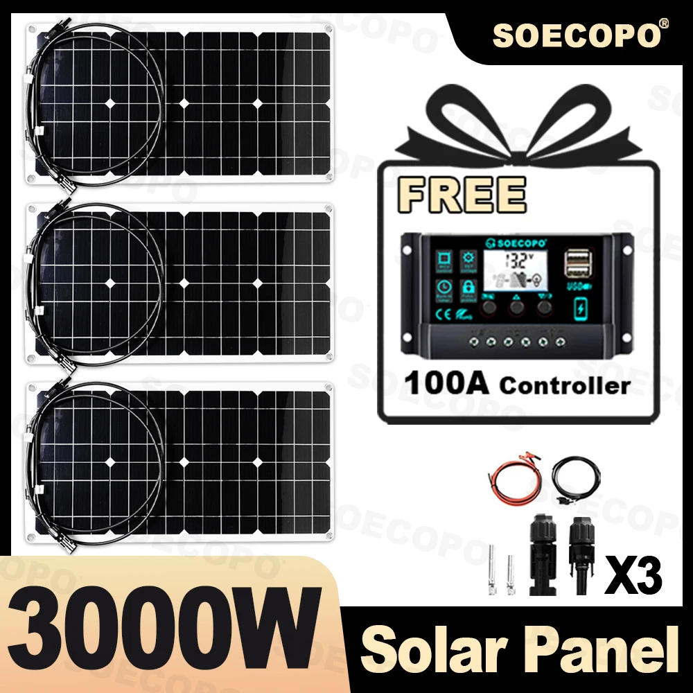 SOECOPO 3000W Portable Solar Panel Kit 18V 3*1000W Panels Free 100A Controller Dual USB 5V for Camping Equipment Power Supply 
SOECOPO 3000W Portable Solar Panel Kit 18V 3*1000W Panels Free 100A Controller Dual USB 5V for Camping Equipment Power Supply